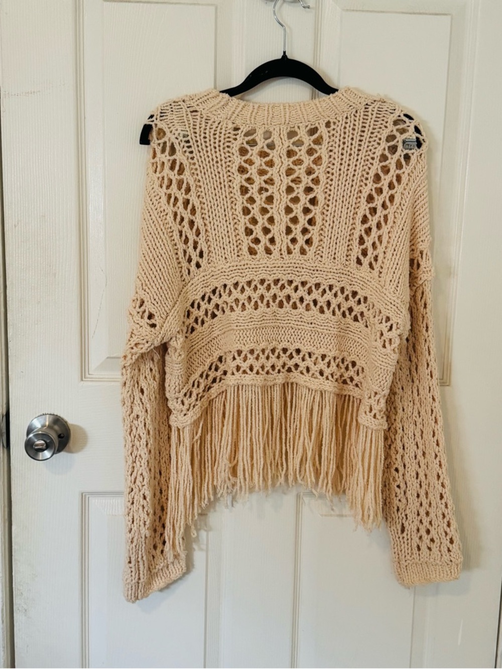 Free People Higher Love Crochet Fringe Sweater Boho Cream Open Knit Festival XS - Picture 3 of 9